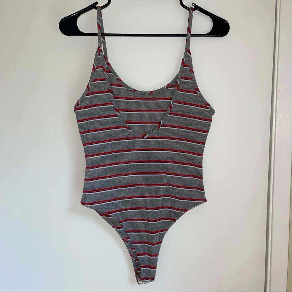 Lucy Love gray striped with red, white and black bodysuit - Picture 3 of 3